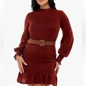 B. Darlin Dark Maroon Long Sleeve High Neck Mini Dress, Juniors Size 9/10, NWT